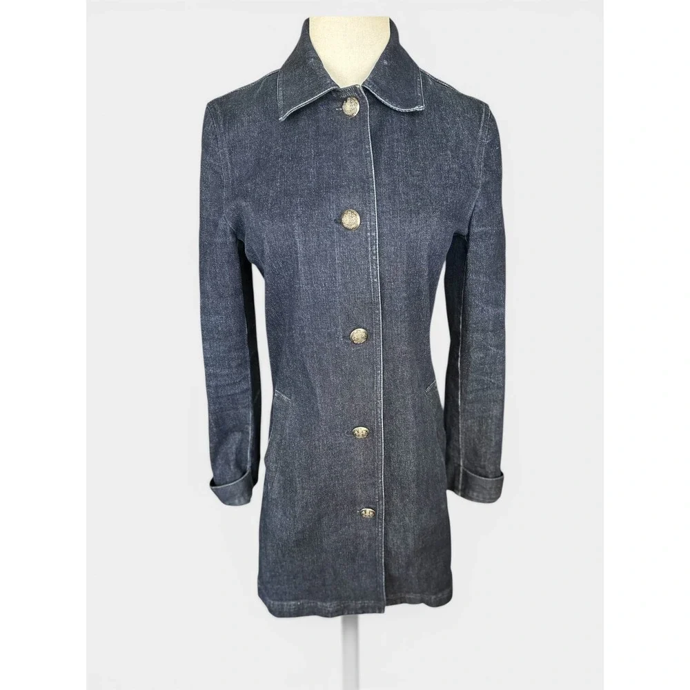 Ralph Lauren Denim Car Coat SZ10 Indigo Blue silver Crest Buttons Military Style - Picture 3 of 16